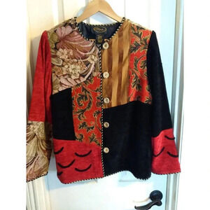 Vintage Alex Kim Artsy Patchwork Embroidered Tapestry Jacket Multicolored S